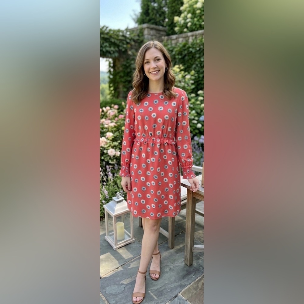 J. Crew Printed Long-Sleeve Fitted Dress - Red, White, Blue - Size 10